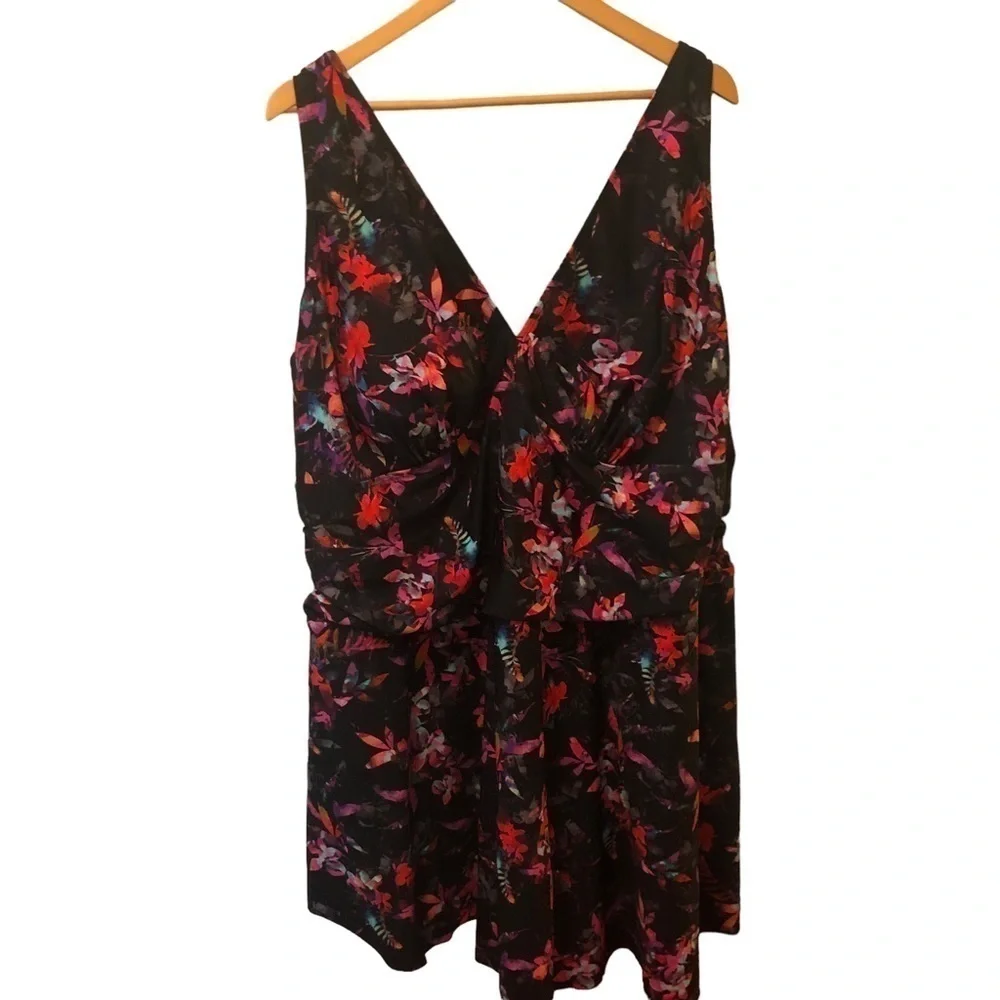 Torrid Floral Swimdress 6X/30 Black Coral Violet Halter Top Inner Bra Skirted